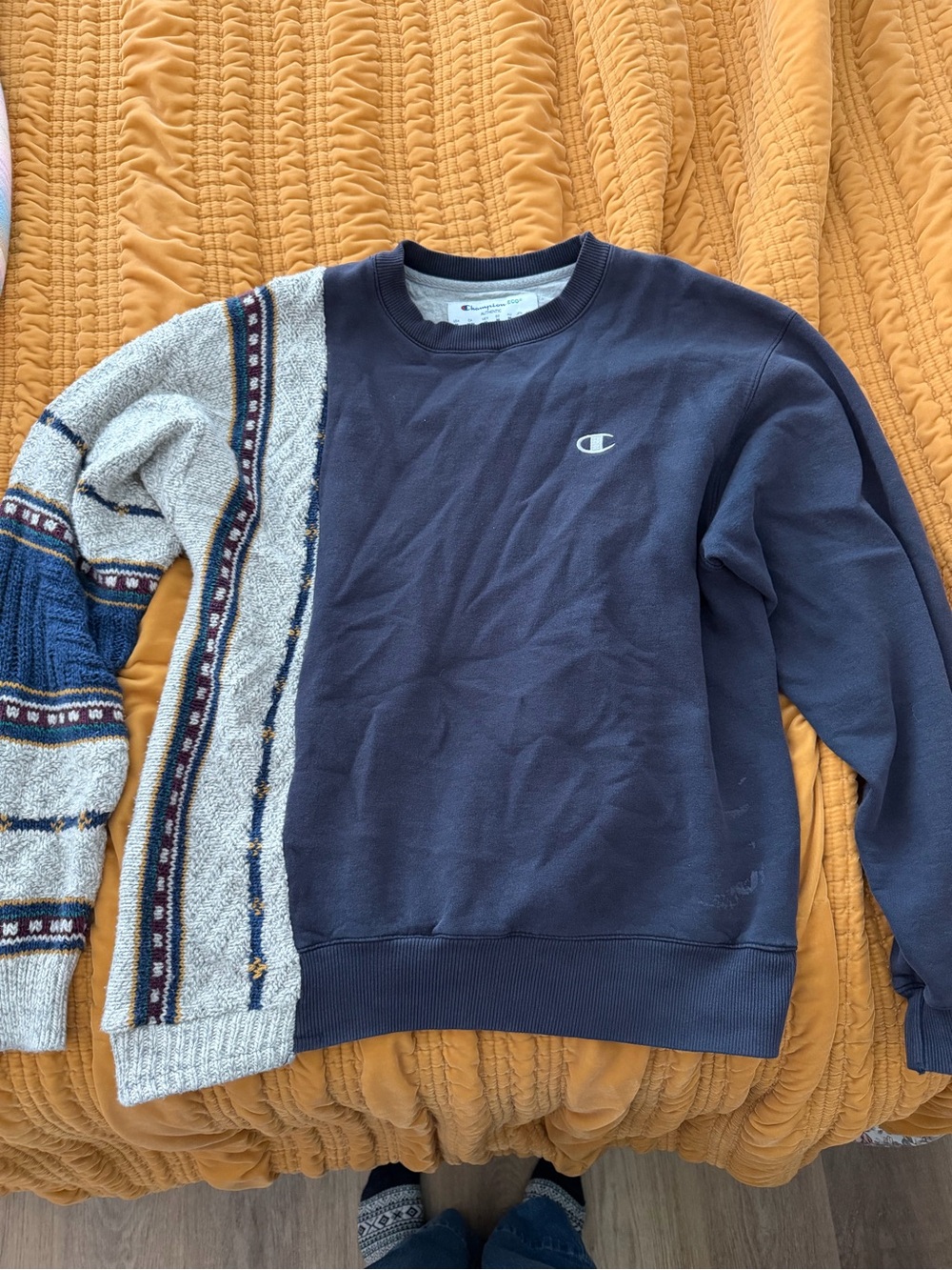 Champion Navy Crewneck Sweatshirt with Patterned Knit Accent